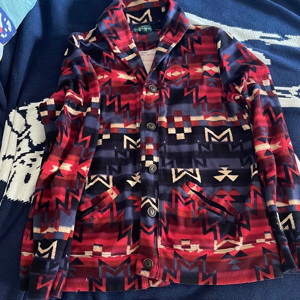 Lauren Jeans Green label, tribal button down sweater cardigan.